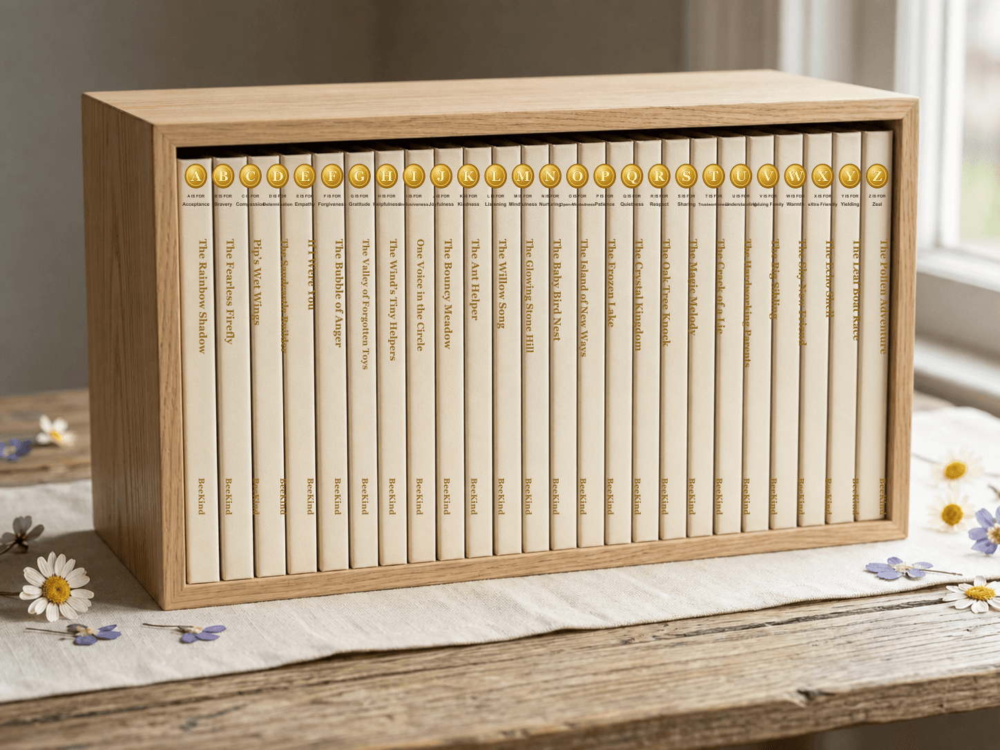 The complete alphabet of hardcover picture books, packed upright in a wooden slipcase.