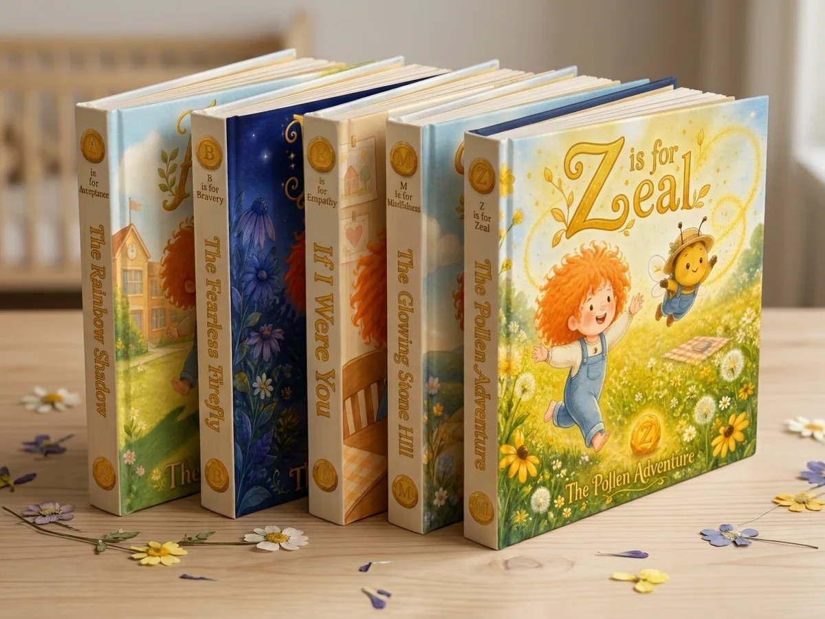 A row of hardcover picture books standing on a nursery shelf, one for each letter of a child's name.