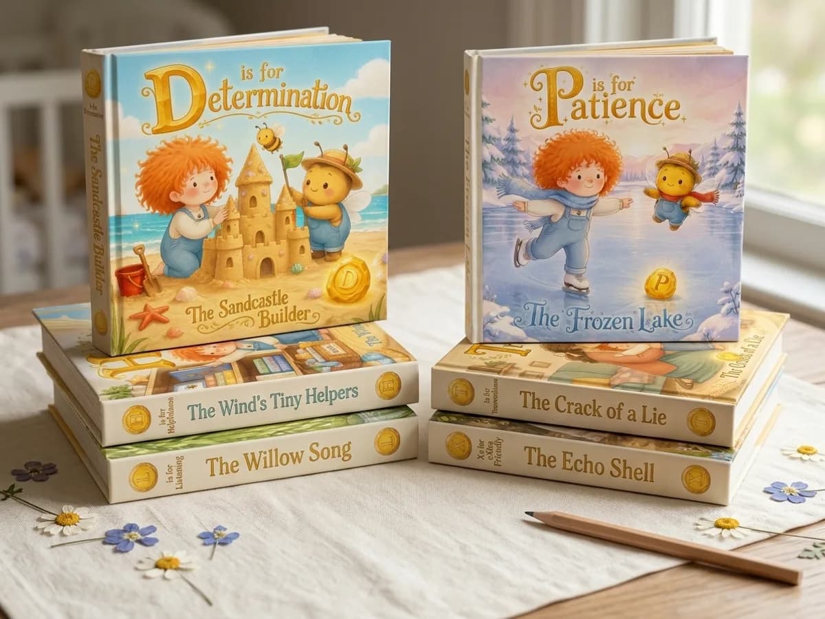 Two separate stacks of hardcover picture books side by side, one for each child.