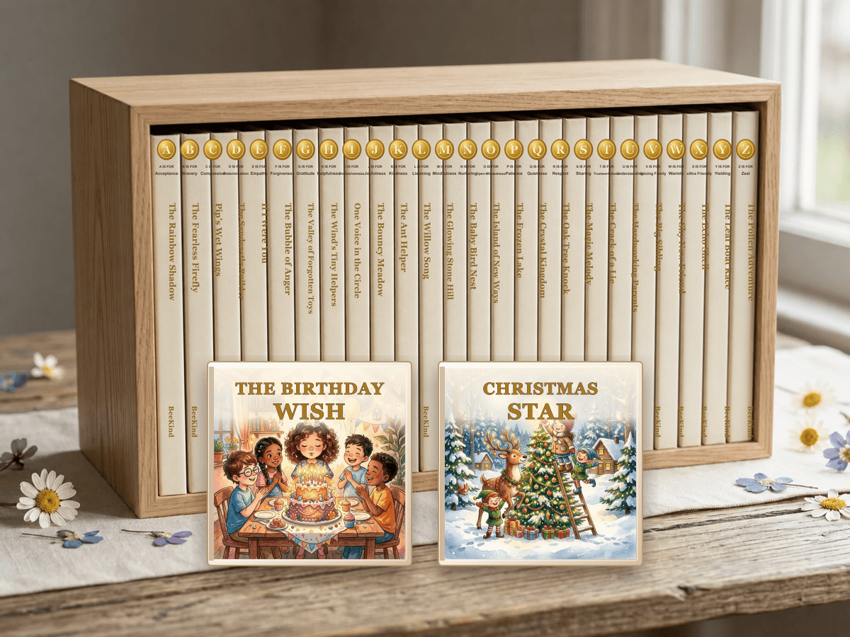 The complete A–Z hardcover library in its wooden slipcase, with The Birthday Wish and Christmas Star displayed in front.