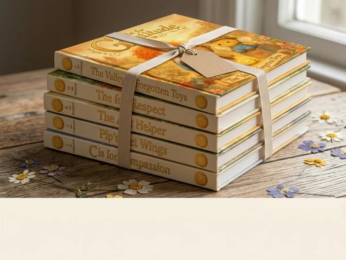 A stack of hardcover picture books tied with a linen ribbon, ready to give.