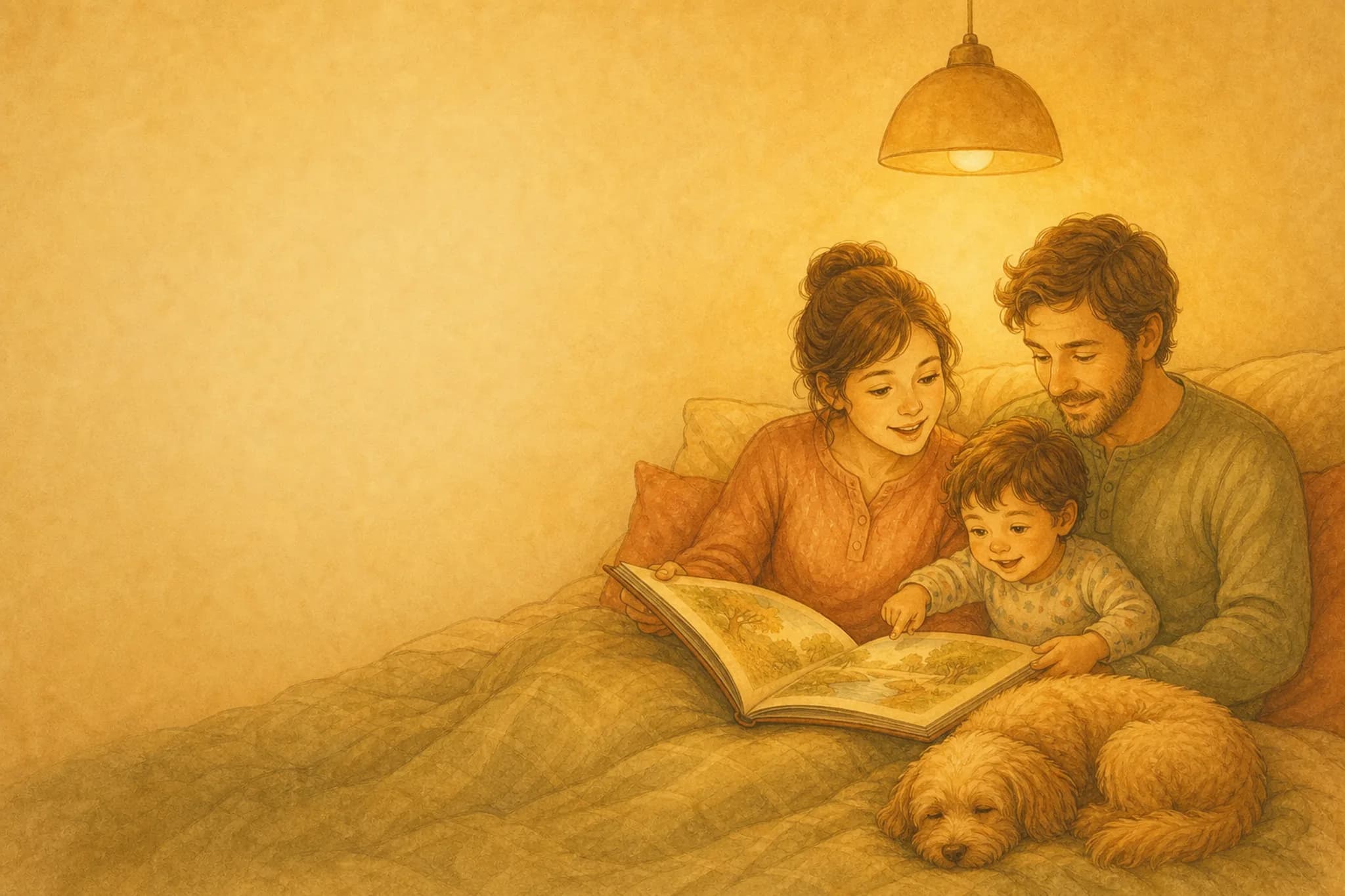 Two parents and their child reading a picture book together at bedtime.