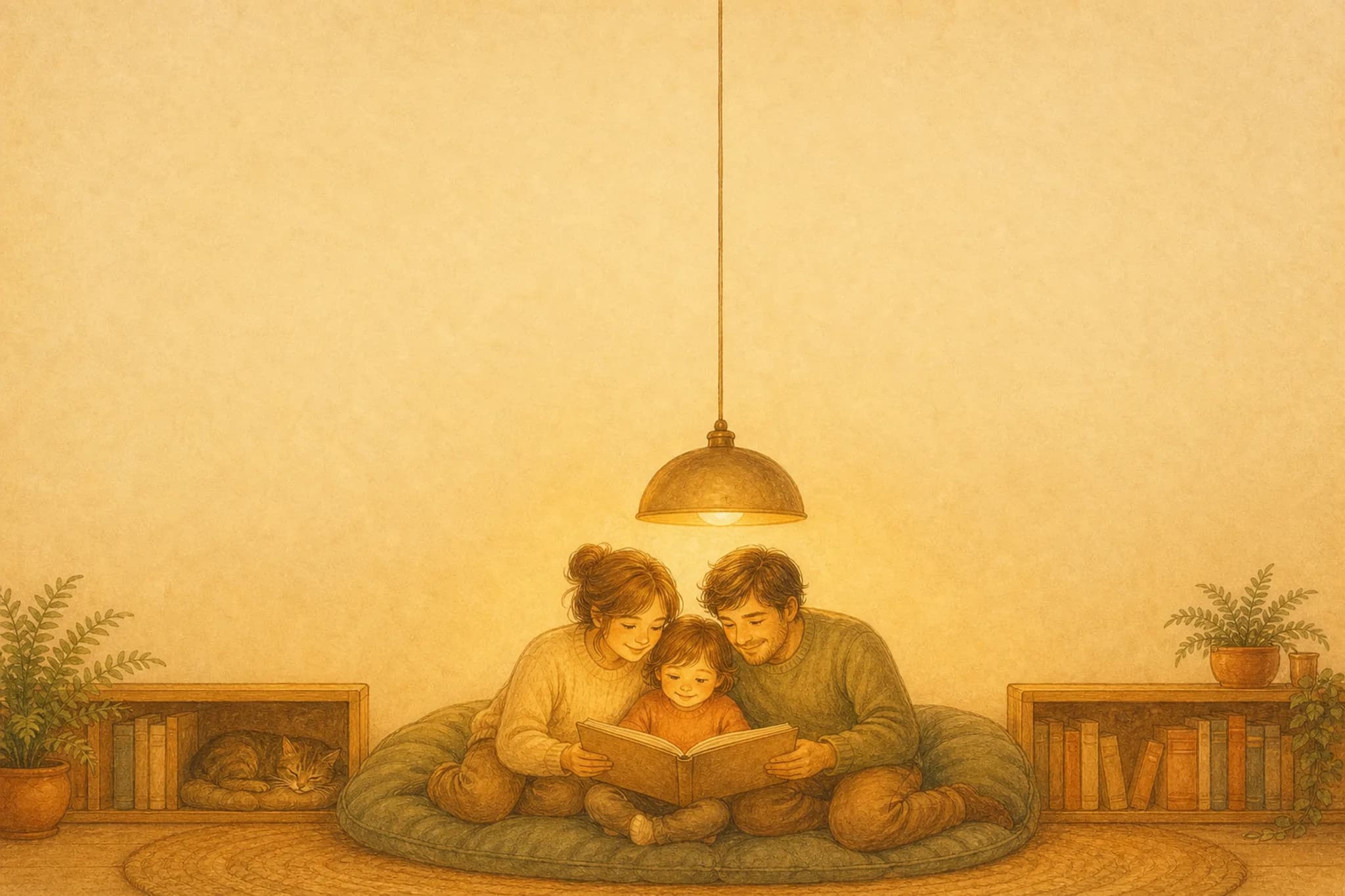 Parents and a child reading together on a floor cushion in a warm reading nook.