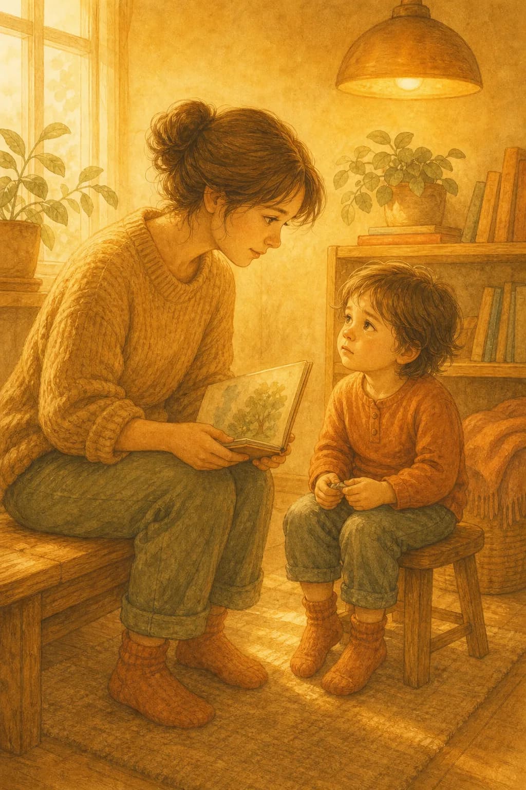 A parent sitting at their child's eye level during a difficult moment, a picture book in hand.