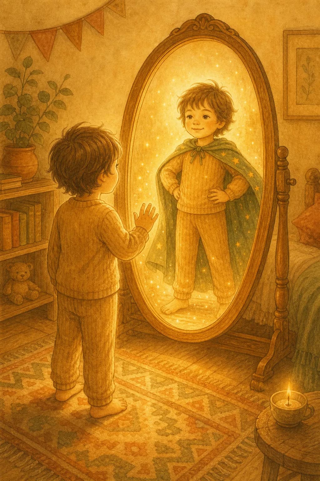 A child discovering their own courage inside a luminous personalized story.