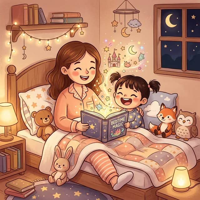 Parent and child reading a magical storybook together at bedtime