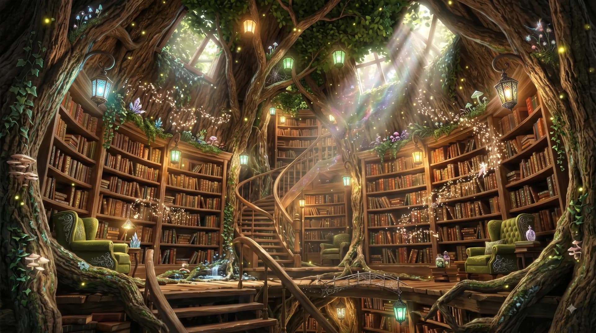 A warm, lamplit children's bookshop with shelves of picture books